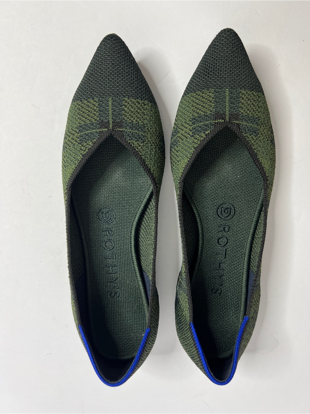 Rothy’s The Point Forest Green Plaid Pointed Toe Flats Size 7.5